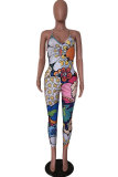 Black Fashion street Print Patchwork Hollow Sleeveless Slip Jumpsuits