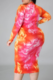 Rose Red Sexy Print Patchwork Zipper Collar Plus Size 