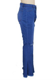Dark Blue Fashion Casual Solid Ripped Without Belt Plus Size Jeans