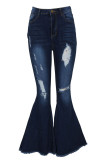 Dark Blue Sexy Solid Ripped High Waist Boot Cut Denim
