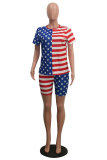 Red and blue Fashion adult Lightly cooked Striped Patchwork Print Two Piece Suits Straight Short Sleeve Two Pieces