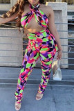 Purple Green Fashion Sexy Print Backless Halter Sleeveless Two Pieces