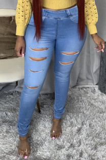 Baby Blue Fashion Casual Solid Ripped Mid Waist Skinny Jeans