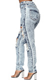 Grey Denim Zipper Fly Button Fly Mid washing Hole Zippered Pocket Skinny Pants Pants