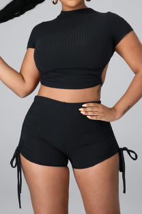 Black Casual Solid Backless Half A Turtleneck Short Sleeve Two Pieces