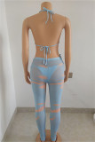 Light Blue Fashion Sexy Print Bandage See-through Backless Sleeveless Three-piece Set
