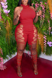 Red Sexy Solid Hollowed Out Backless Halter Skinny Romper