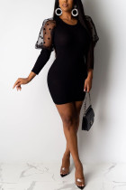 Black Sexy Party Gauze Pit Article Fabrics Patchwork Solid Patchwork See-through O Neck Long Sleeve Mini A Line Dresses