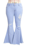 Dark Blue Fashion Casual Solid Ripped Without Belt Plus Size Jeans