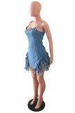 Light Blue Fashion Sexy Solid Tassel Backless Spaghetti Strap Denim Dress