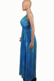 Blue Sexy Casual Print Backless V Neck Sling Dress