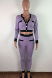 purple Street Geometric Patchwork O Neck Long Sleeve Regular Sleeve Short Two Pieces