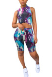 purple Fashion Sexy Print Two Piece Suits Straight Sleeveless Two Pieces