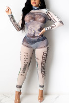 White Fashion Sexy Gauze Patchwork Print See-through Half A Turtleneck Skinny Jumpsuits
