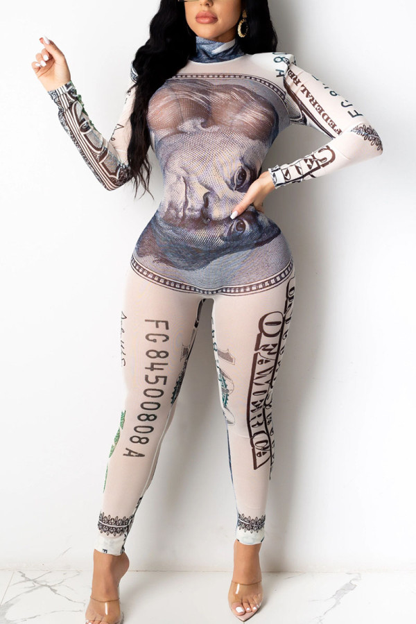 White Fashion Sexy Gauze Patchwork Print See-through Half A Turtleneck Skinny Jumpsuits