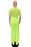 Fluorescent green Casual England Solid Fluorescent Loose Short Sleeve Two Pieces
