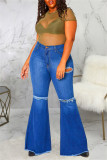 Dark Blue Fashion Casual Solid Ripped Without Belt Plus Size Jeans