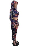 Powder blue Casual Floral Print pencil Long Sleeve Two Pieces