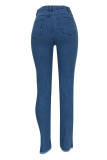 Blue Fashion Casual Print Ripped Buttons Regular Mid Waist Pencil Bottoms