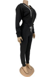 Black Gray Sportswear Solid Patchwork Hooded Collar Long Sleeve Two Pieces