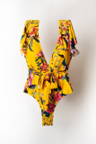 Yellow Fashion Sexy Print Backless Swimwears