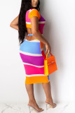 Multi-color Fashion adult OL Multi-color Cap Sleeve Short Sleeves O neck Step Skirt Knee-Length Striped Print Patchwork bandage backless hollow out Dresses