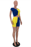 Blue Yellow Fashion Casual Patchwork Basic O Neck Short Sleeve Two Pieces