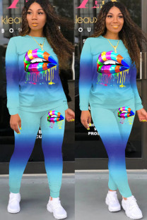 Blue Sexy Casual Print Gradient Lips Print pencil Long Sleeve Two Pieces