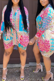 Colour Casual Print Patchwork Turndown Collar Irregular Dress Dresses