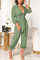 Green Fashion Casual Solid Turndown Collar Regular Jumpsuits