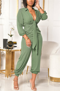 Green Fashion Casual Solid Turndown Collar Regular Jumpsuits