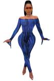 Blue Sexy Fashion adult Patchwork Two Piece Suits Striped Print pencil Long Sleeve