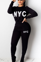 Black British Style Print Embroidered Sequins O Neck Long Sleeve Two Pieces