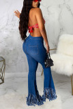 Dark Blue Tassel Design Flared Denim