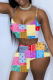 Yellow Sexy Print Patchwork Spaghetti Strap Sleeveless Two Pieces