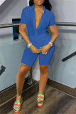 Blue Fashion Sexy Solid See-through Turndown Collar Short Sleeve Two Pieces