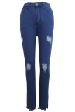 Blue Denim Zipper Fly Sleeveless Mid Hole Patchwork Beading Solid Old pencil Pants Pants
