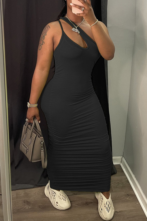 Black Sexy Casual Solid Hollowed Out Fold One Shoulder Sleeveless Dress