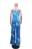 Blue Fashion Casual Print Backless Spaghetti Strap Regular Jumpsuits