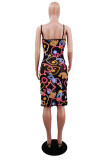 Black Fashion Sexy Print Backless Spaghetti Strap Sleeveless Dress