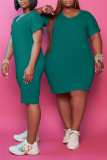 Light Blue Fashion Casual Plus Size Solid Basic V Neck Short Sleeve Dress