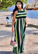 Green Casual O-Neck Sleeveless Loose Long Print Dresses