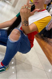 Blue Fashion Casual Patchwork Basic O Neck T-Shirts