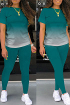 Dark Green Casual Gradual Change Patchwork O Neck Short Sleeve Two Pieces