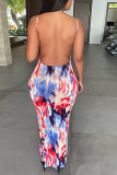 Multi-color Sexy Print Patchwork High Opening Spaghetti Strap Pencil Skirt Dresses