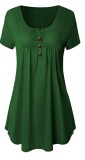Green Casual Regular O-Neck Short Button Solid Regular Tees & T-shirts