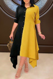 Burgundy Fashion Casual Patchwork Asymmetrical Turndown Collar Shirt Dress