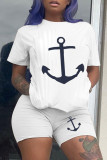 White Fashion Casual Patchwork Print Short Sleeve Two Pieces