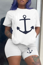 White Fashion Casual Patchwork Print Short Sleeve Two Pieces