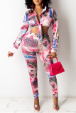 Red Fashion Casual Print Basic Turndown Collar Long Sleeve Two Pieces